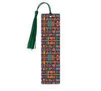 Library Bookshelf -Print Wooden Bookmarks with Tassel for Readers and Book Lovers - Artistic Handmade Gifts for Teachers Colleagues Office Desk Decor.