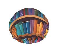 Library Bookshelf Printed Double Layer Lined Shower Cap,Shower Caps For Women Reusable