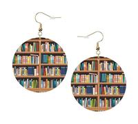 Library Bookshelf. Printed Leather Earring Set For Women, 1 Pair Lightweight Bohemian Pierced Earrings Jewelry Gift For Women Girls
