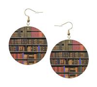 Library Bookshelf Printed Leather Earring Set For Women, 1 Pair Lightweight Bohemian Pierced Earrings Jewelry Gift For Women Girls