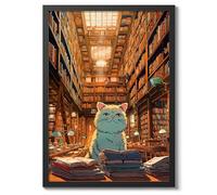 Library Cat Anime Woodblock Poster Modern Ukiyo-E, Cartoon Print, Japanese Illustration Wall Art Bedroom Home Decor, A5 (Black Frame) - 24.1x17.9cm