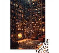 Library Night Scene 1000 Piece Jigsaw Puzzle Jigsaw Puzzle for Adults Fireplace Room Relaxing Focus Home Decor Gift 38x26cm/1000pcs