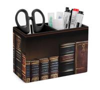 Library Shelves Victorian Old Literary Book Pencil Holder with Compartment PU Leather Pen Cup Stationery Organizer Small Office Accessories Desktop Decor