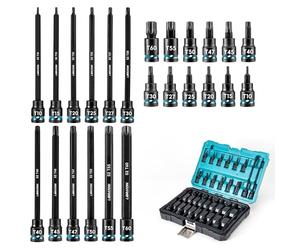 LIBRATON 3/8" Drive Extra Long Torx Drive Socket Wrench, S2 Alloy Steel Impact Sockets, 24 Pieces, T10-T60, 2" and 6" Long Star Socket