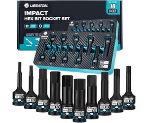 LIBRATON Impact Hex Bit Socket Set, 1/2" Dr, S2 Steel, 10PCS High Torque Sockets (Metric H5-H19) for Professional Mechanics & Automotive Repair (XPE Storage Case)