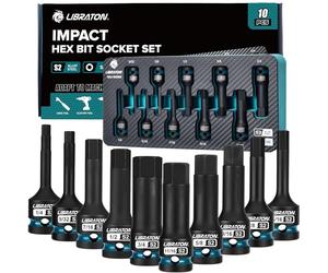 LIBRATON Impact Hex Bit Socket Set, 1/2" Dr, S2 Steel, 10PCS High Torque Sockets (SAE 1/4"-3/4") for Professional Mechanics & Automotive Repair (XPE Storage Case)