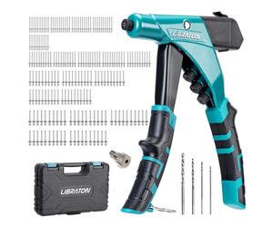 LIBRATON Professional Heavy Duty Rivet Gun, One-Handed Pop Rivet Gun Set, Robust Riveter with Shaft Container, Manual Riveting Tool, Tool-Free Interchangeable Heads, for Metal, Wood and Plastic