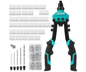 LIBRATON Rivet Gun Set, Two-Handed Pop Rivet Gun Kit, Heavy Duty Rivet Gun, Pop Riveter with 250 Aluminum Rivets in Box, 5 Tool-Free Interchangeable Nozzles, 5 HSS Drill Bits, for Automotive, Metal