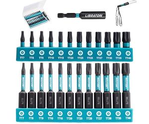 LIBRATON Security Torx Bit Set, 25PCS Impact Screwdriver Bits, S2 Steel Tamper Proof Star Screw Bits with Magnetic Tips (1" & 2" Long), Includes Magnetic Holder & Storage Case