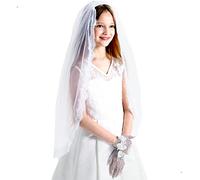 Libsit Girls First Communion Veil White Lace Edge Mantilla with Comb | Eyelash Floral Trim, Flower Girl Wedding, Chapel Vail, Kids
