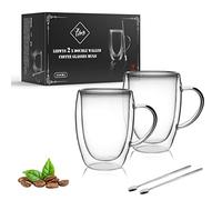 LIBWYS 2 Pack 350ml Double Walled Coffee Cups Glasses Mugs with 2 Spoons, Cappuccino Latte Tea Cups with Handle, Heat Resistant Cup Drinking Glasses