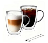 LIBWYS 2 Pack Double Walled Coffee Cups Glasses Mugs with 2 Spoons, Cappuccino Latte Tea Cups with Handle, Heat Resistant Cup Drinking Glasses 350ML Coffee Cup