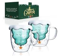 LIBWYS 2x300ml Double Walled Christmas Tree Glass Mug Set, Cappuccino Latte Tea Cups with Snowflake Lid, Heat Resistant Coffee, Milk, Juice, Tea Mugs for Women, Birthday Christmas Gifts