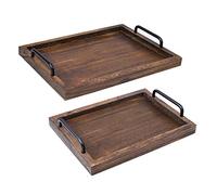 LIBWYS Rustic Wooden Serving Trays with Handle-Set of 2-Decorative Nesting Food Board Platters for Breakfast, Coffee Table/Butler (Large 15.8x11.8x1.2 inches, Small 13.4x9.4 x1.2 inches)