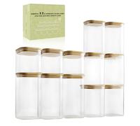 LIBWYS Set of 12 Storage Jars with Lid Square Storage Jars Glass in 3 Sizes: 720 ml, 1150 ml, 1580 ml, 12 Pieces Plus Edition