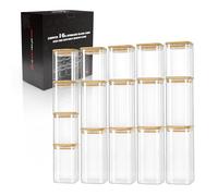 LIBWYS Set of 16 Storage Jars with Bamboo Lid Square Storage Jars Glass - in 2 Sizes: 1000 ml, 600 ml
