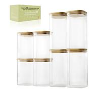 LIBWYS Set of 8 Storage Jars with Bamboo Lid Square Storage Jars Glass - in 2 Sizes: 1150 ml, 1580 ml - 8 Pieces Plus Edition