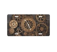 License Plate 30 x 15 CM Car Front License Plate Steampunk Gears Clock License Plate Cover Aluminum Vanity Tag for Car Decoration Plates Tag with 4 Holes