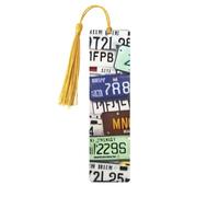 License Plate 5 Pc Artistic Bookmark Set for Women, Tassel Wooden Bookmarks Study Supplies