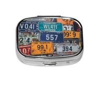 License Plate Print Pill Box Square Pill Case 2 Compartment Small Metal Medicine Organizer Portable Travel Pillbox for Pocket Purse Cute Mini Pill Container to Hold Daily Vitamins