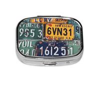 License Plate Print Pill Box Square Pill Case 2 Compartment Small Metal Medicine Organizer Portable Travel Pillbox for Pocket Purse Cute Mini Pill Container to Hold Daily Vitamins