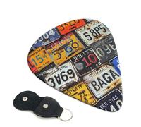 License Plate Printed Guitar Picks, 6 Pack with Leather Keychain Pick Holder - 0.46mm, 0.71mm, 0.96mm Assorted Thickness for Acoustic Ukulele, Electric Guitar, Acoustic Guitar, Bass