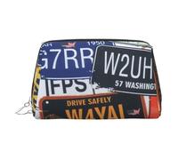 License Plate Printed Small Makeup Bag Portable Leather Make up Bag Travel Cosmetic Bags Organizer for Women, Silver Zipper