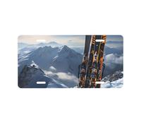 License Plate Skis on mountain License Plate Cover with 4 Holes License Plate for Car Aluminum Vanity Tag Decoration Plates Tag Standard Size 30 x 15 CM
