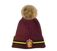 Licensed Harry Potter Gryffindor Cable Knit Ski Hat Beanie with Detachable Faux Fur Pom Pom - Unisex Winter Hat for Adults & Teens, Maroon