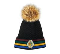 Licensed Harry Potter Hogwarts Cable Knit Beanie with Detachable Faux Fur Pom Pom - Unisex Winter Ski Hat for Adults & Teens, Warm Knitted Hat with Hogwarts Crest Patch - Black