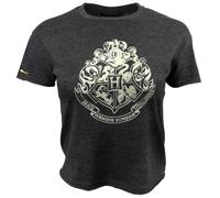 Licensed Harry Potter Hogwarts Ladies Crop T-Shirt - Charcoal Melange | Flock Print Crest & Foil Gold Quote | Soft Mineral-Washed Cotton Blend (S)