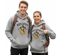 Licensed Harry Potter Unisex Hufflepuff Hoodie, Chainette fabric and Puff Print, Hooded Sweatshirt, with Embroidered Quidditch flag on sleeves, Charcoal (UK, Alpha, M, Regular, Regular, Hufflepuff)