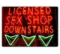Licensed Sex Shop Downstairs - Metal Wall Sign Plaque (Medium - Sticky Pads)