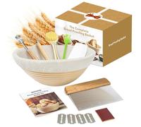 Lichamp 13 PCS Sourdough Starter Kit Sourdough Proving Basket Set with 9 inch Round Bread Proofing Basket from Quality Natural Rattan,Cloth Liner,Bread Lame, Dough Whisk, Scrapers & Brush,Blades