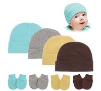 LICHENGTAI Newborn Baby Hat and Mittens Set - 4 Pair Soft Cotton Anti Scratch Mittens and 4pcs Infant Hospital Hats for 0-3 Months Baby Girls Boys