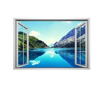 Lichi 3D Fake Window River Mountain View Scenery Wall Sticker Mural Art Decal for Home Decoration