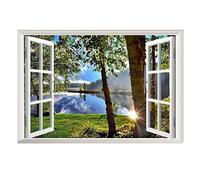 Lichi Realistic 3D Lakeside Wall Sticker, Peel & Stick Window Art Decal, Lake Forest View Nature Landscape, Self Adhesive Decoration, Mural for Bedroom Bathroom Living Room, Removable Wallpaper Decor