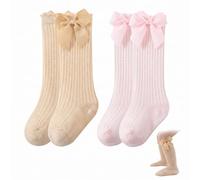 LICHUANUK 2 Pairs Newborn Cotton Socks for Girls with Bow, Perforated Summer Socks for Babies and Children 0-24 Months, Elegant Parisian Knee-Length Soft and Breathable, Mesh Design
