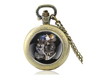 LICHWEST A Group of Wolves Under The Moon Black Vintage Quartz Pocket Watch Men Pendant Necklace Hours Clock Gifts Table Vintage