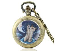 LICHWEST Cute Moon Cat Paradise Design Silver Vintage Quartz Pocket Watch Charm Pendant Clock Watch Men Women Necklace Gifts Vintage