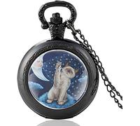 LICHWEST Cute Moon Cat Paradise Design Silver Vintage Quartz Pocket Watch Charm Pendant Clock Watch Men Women Necklace Gifts Vintage