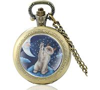 LICHWEST Cute Moon Cat Paradise Design Silver Vintage Quartz Pocket Watch Charm Pendant Clock Watch Men Women Necklace Gifts Vintage