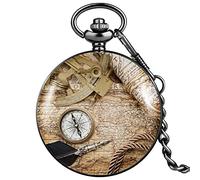 LICHWEST Nostalgia Antique Unisex Compass Map Pattern Quartz Pocket Watch Precise Arabic Numerals Dial Smooth Cover Chain Necklace Watch Vintage