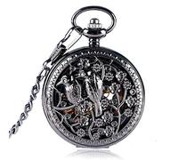 LICHWEST Pocket Watch Black Hollow Birds Flowers Case Design Roman Number Skeleton Hand-Wind Mechanical Pocket Watches with Chain for Men