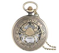 LICHWEST Pocket Watch Necklace 12 Constellation Astrology Zodiac Retro Watches Bronze Necklace Pendant Mens Women Hollow Flip Cover Quartz