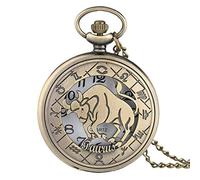 LICHWEST Pocket Watch Necklace 12 Constellation Astrology Zodiac Retro Watches Bronze Necklace Pendant Mens Women Hollow Flip Cover Quartz