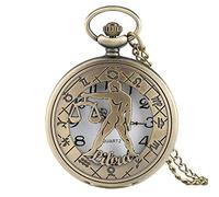 LICHWEST Pocket Watch Necklace 12 Constellation Astrology Zodiac Retro Watches Bronze Necklace Pendant Mens Women Hollow Flip Cover Quartz