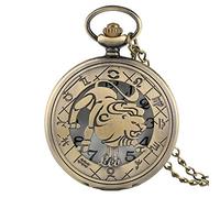 LICHWEST Pocket Watch Necklace 12 Constellation Astrology Zodiac Retro Watches Bronze Necklace Pendant Mens Women Hollow Flip Cover Quartz