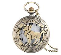LICHWEST Pocket Watch Necklace 12 Constellation Astrology Zodiac Retro Watches Bronze Necklace Pendant Mens Women Hollow Flip Cover Quartz