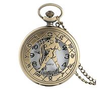 LICHWEST Pocket Watch Necklace 12 Constellation Astrology Zodiac Retro Watches Bronze Necklace Pendant Mens Women Hollow Flip Cover Quartz